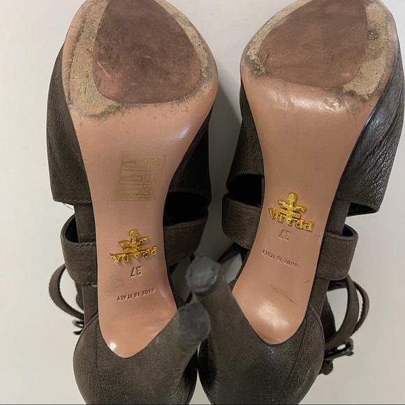 Prada Brown Suede Leather Cutout Peep-toe Stiletto Heels Platform Sz 37 Italy - Picture 5 of 14